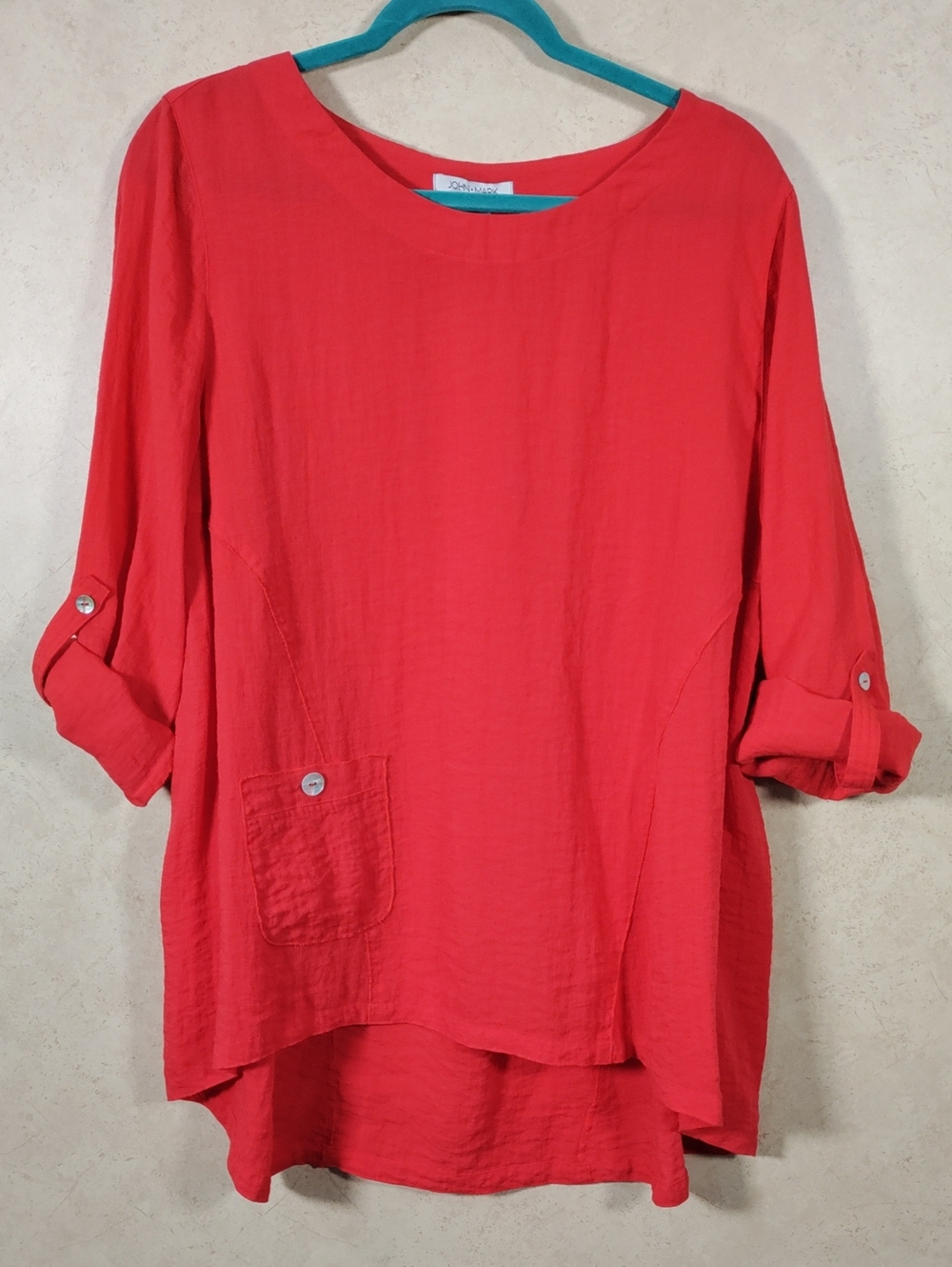 J099 John Mark Coral-Red Women's Tunic with Button Pocket L